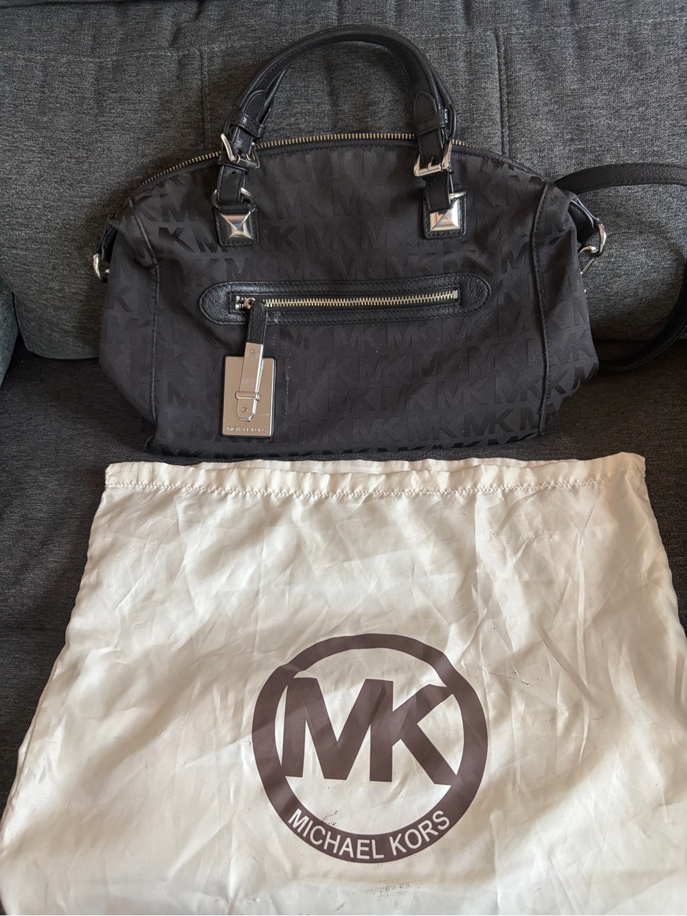 Michael Kors Black MK Logo Satchel with Silver Hardware